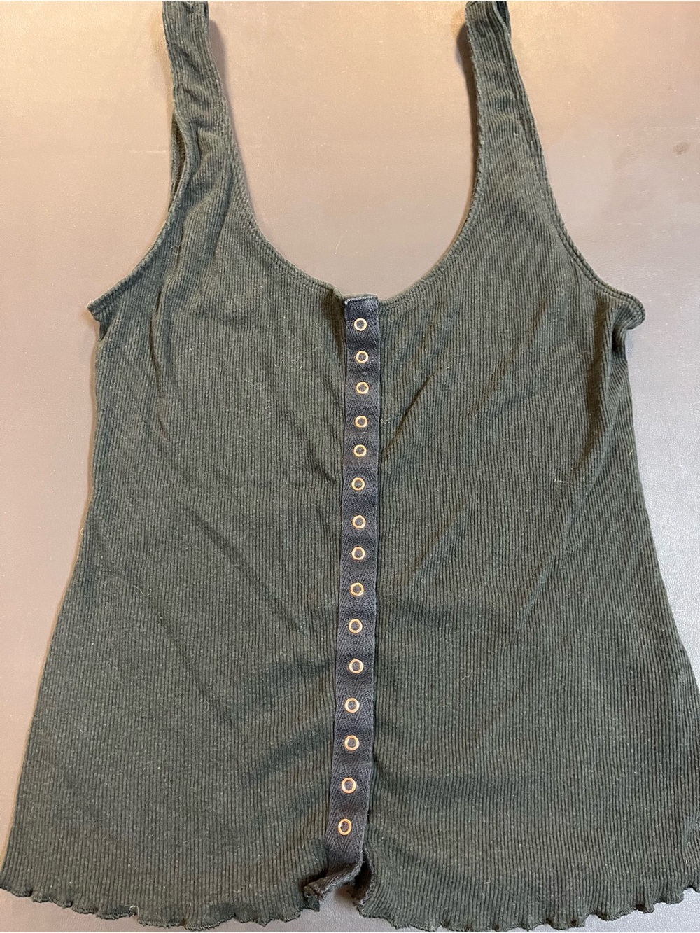 Free People Dark Green Ribbed Tank with Copper Eyelet Detail - Picture 2 of 2